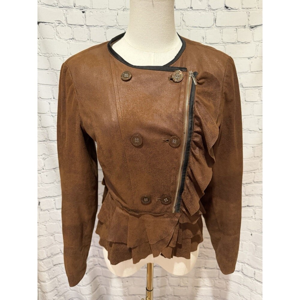 INC suede-like jacket with asymmetrical zipper cascading ruffle Small
